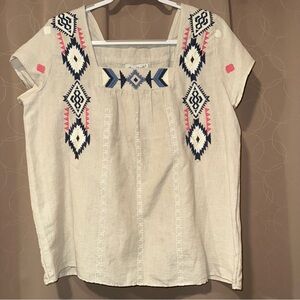 KEREN HART Womens Beige Blouse Navy, Pink, & White Geometric Embroidery NWT Sz L
